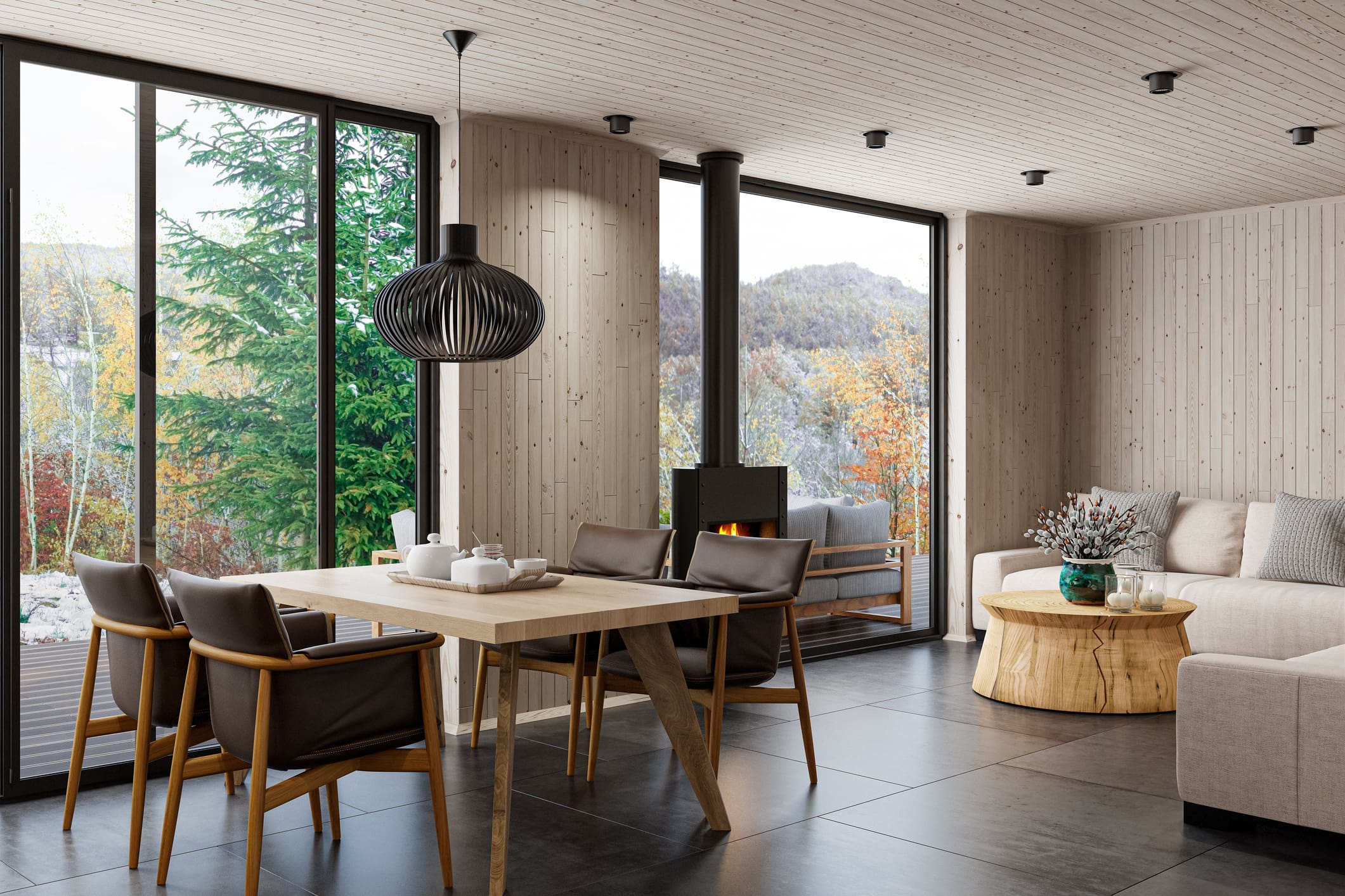 Modern living room with large windows and fireplace.