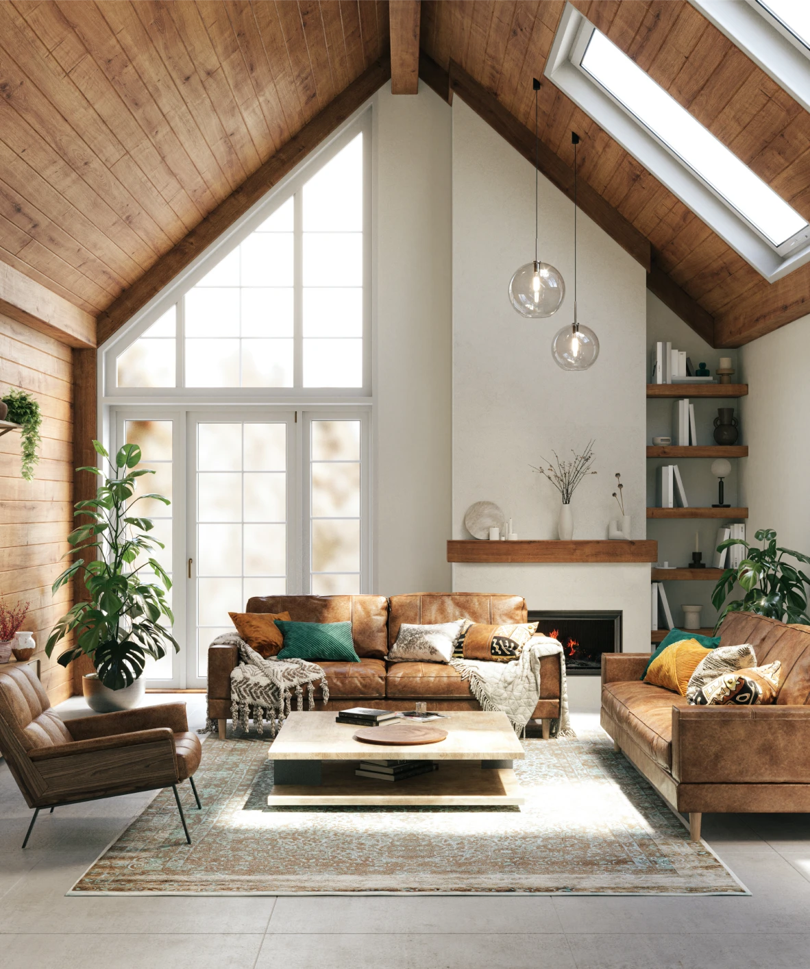 Cozy living room with wooden ceiling.