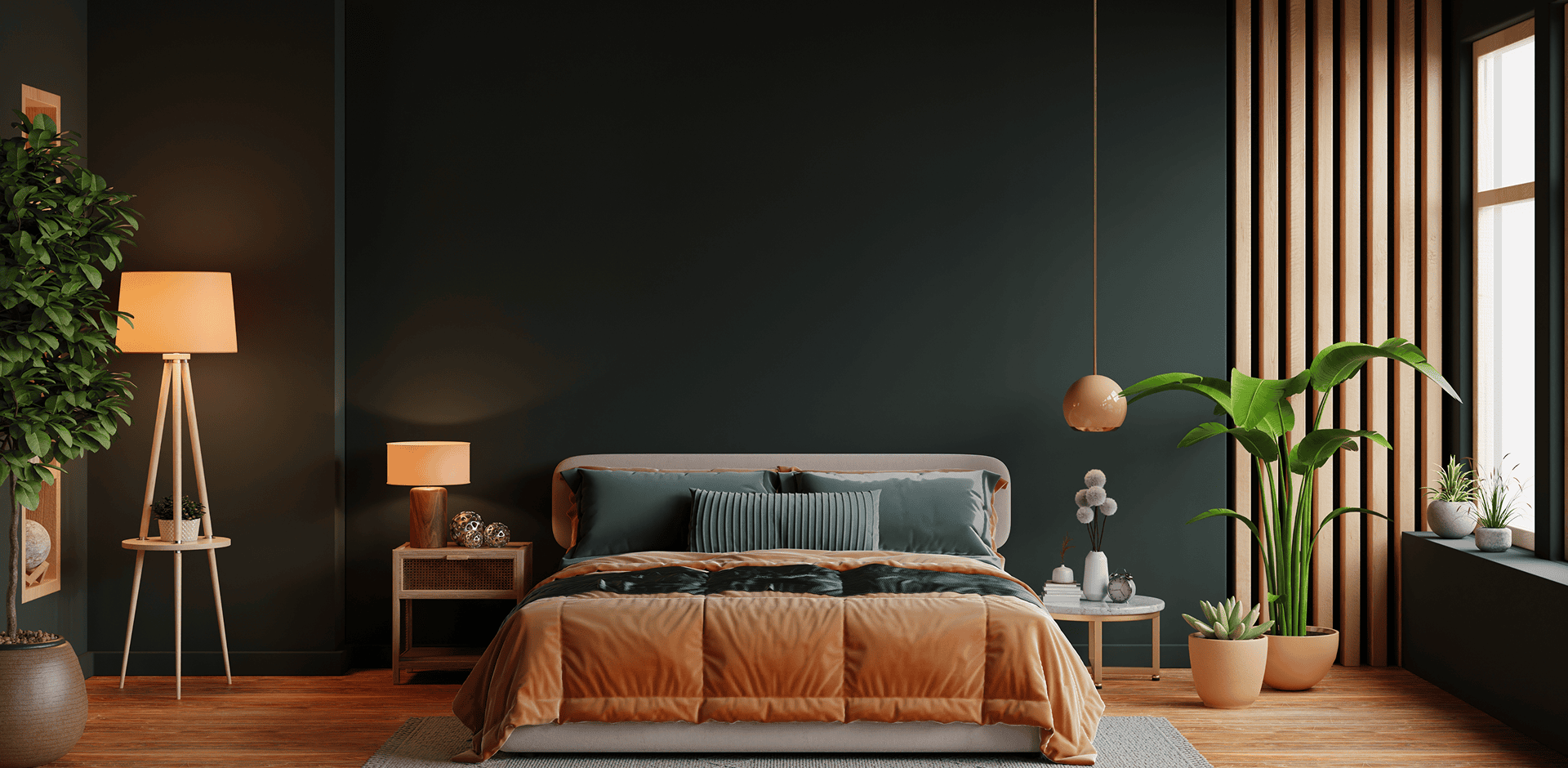 Modern bedroom with plants and warm lighting.