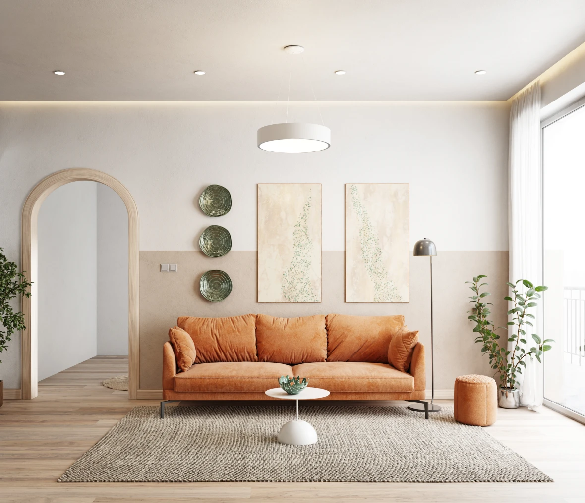Modern living room with orange sofa decor.