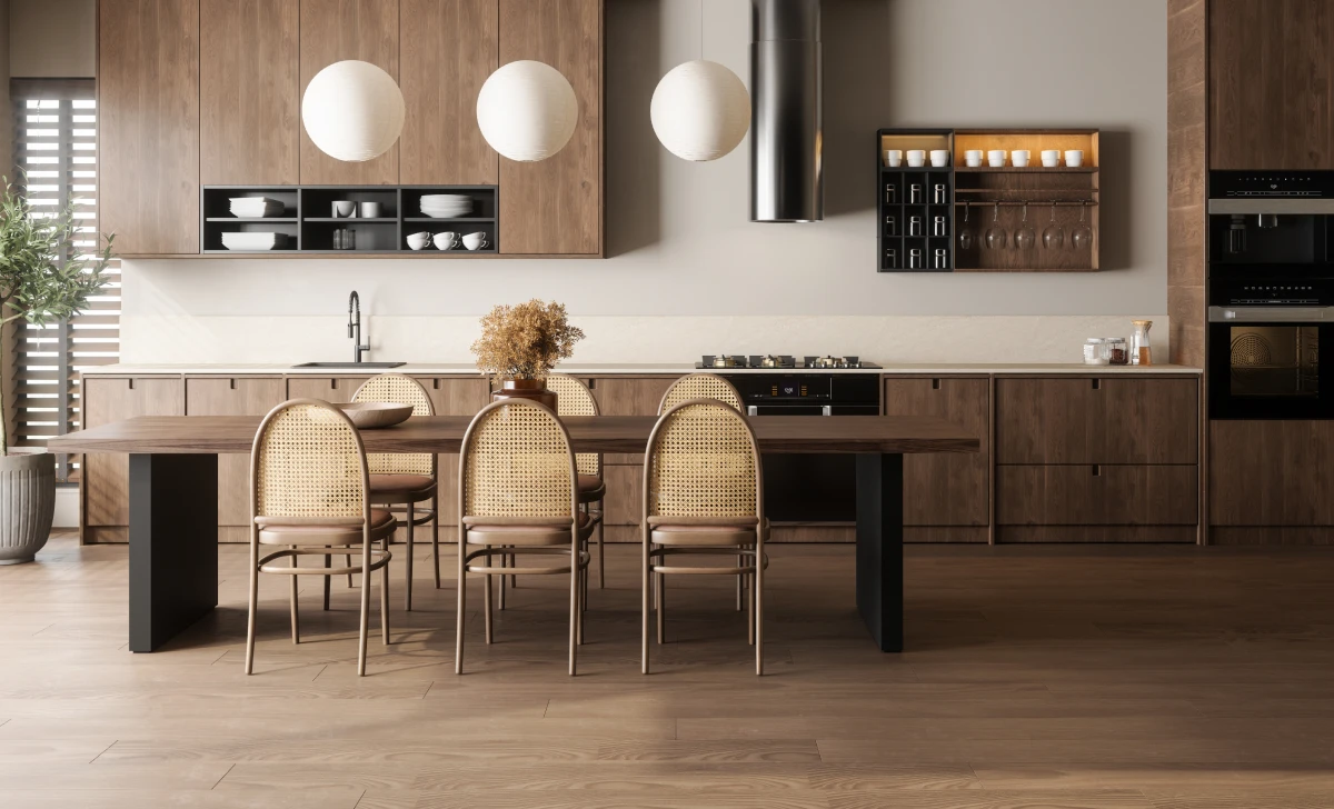 Modern kitchen with wooden cabinets and table.