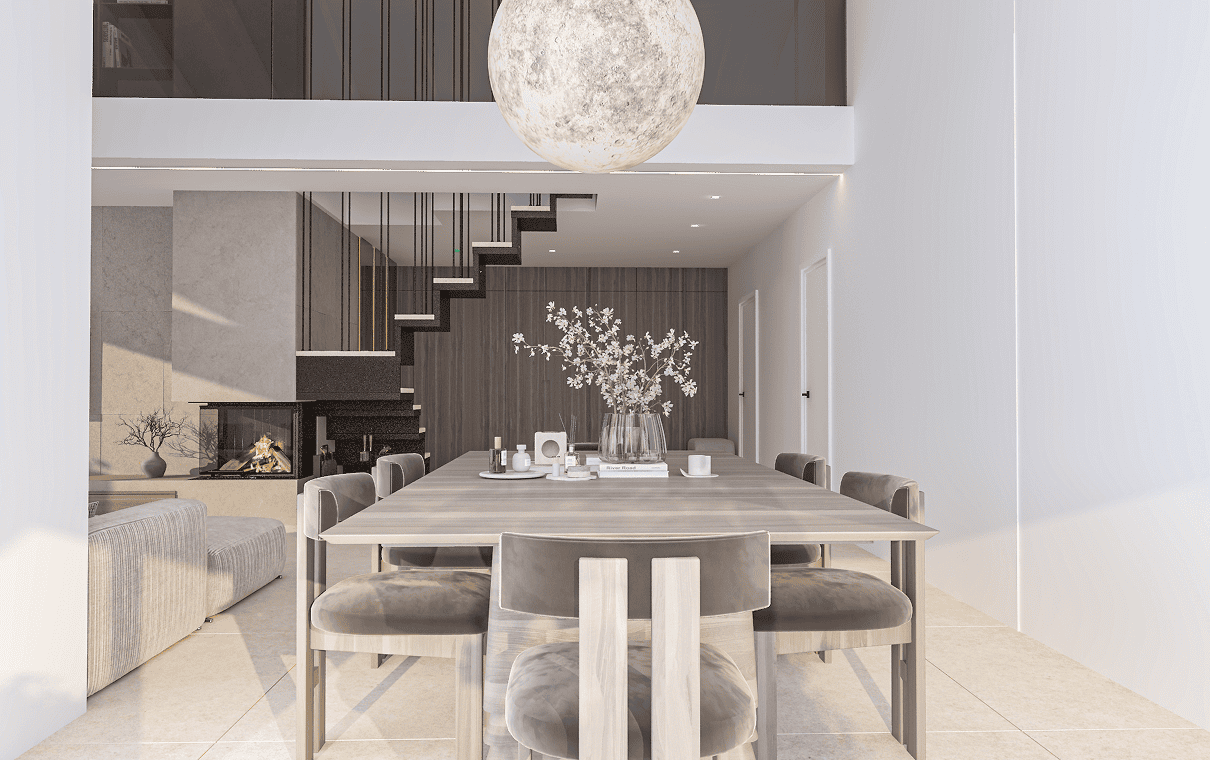 Modern dining room with staircase and fireplace.